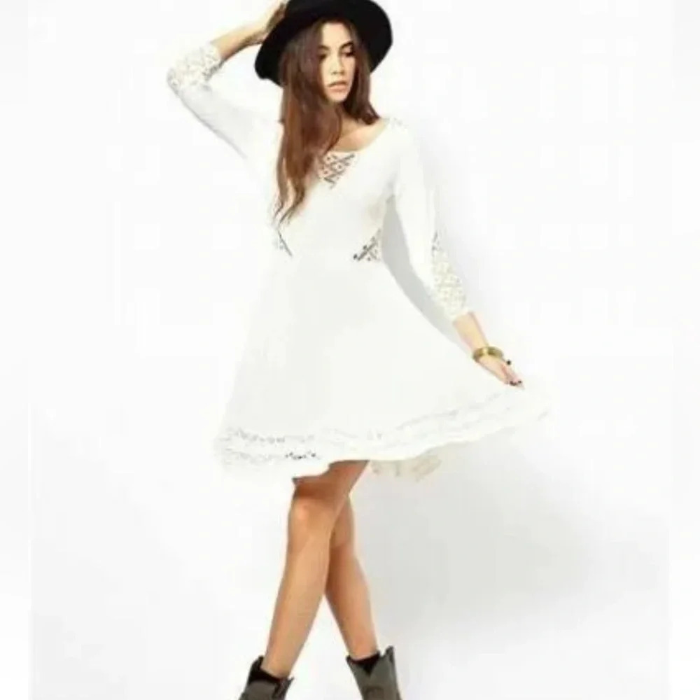 FREE PEOPLE Fit Flare Dress To The Point Ivory Lace Cutout Lined Stretch Knit S